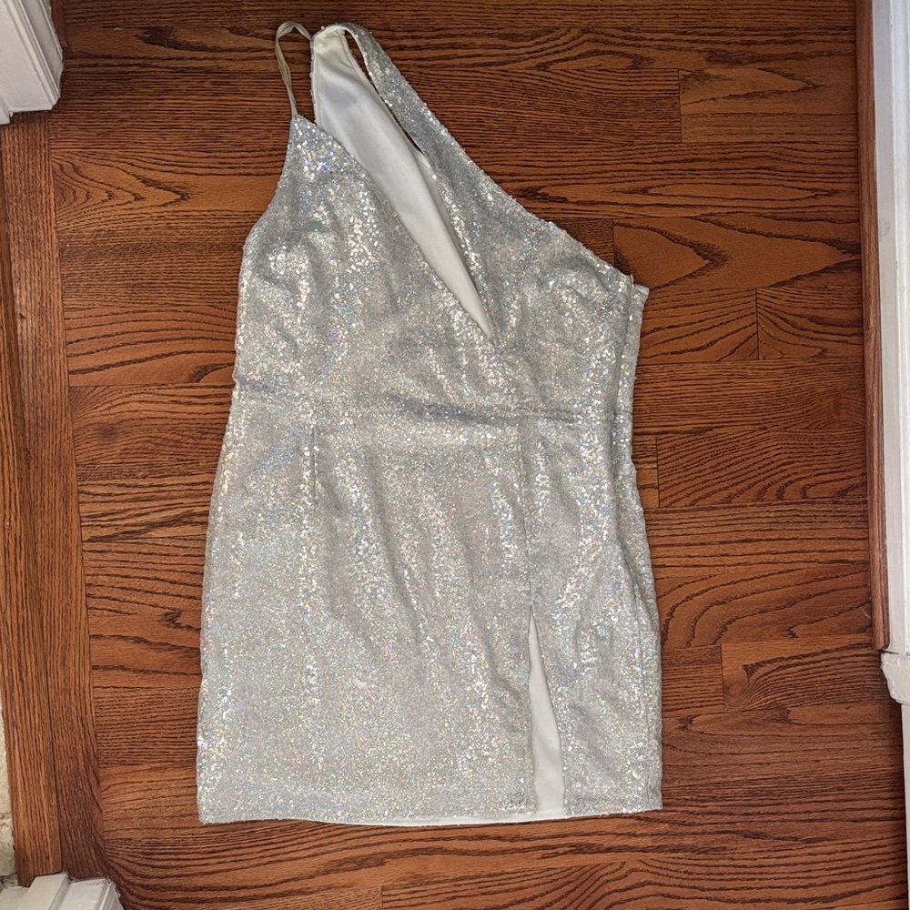 PrettyLittleThing Silver One-Shoulder Sequin Mini Dress